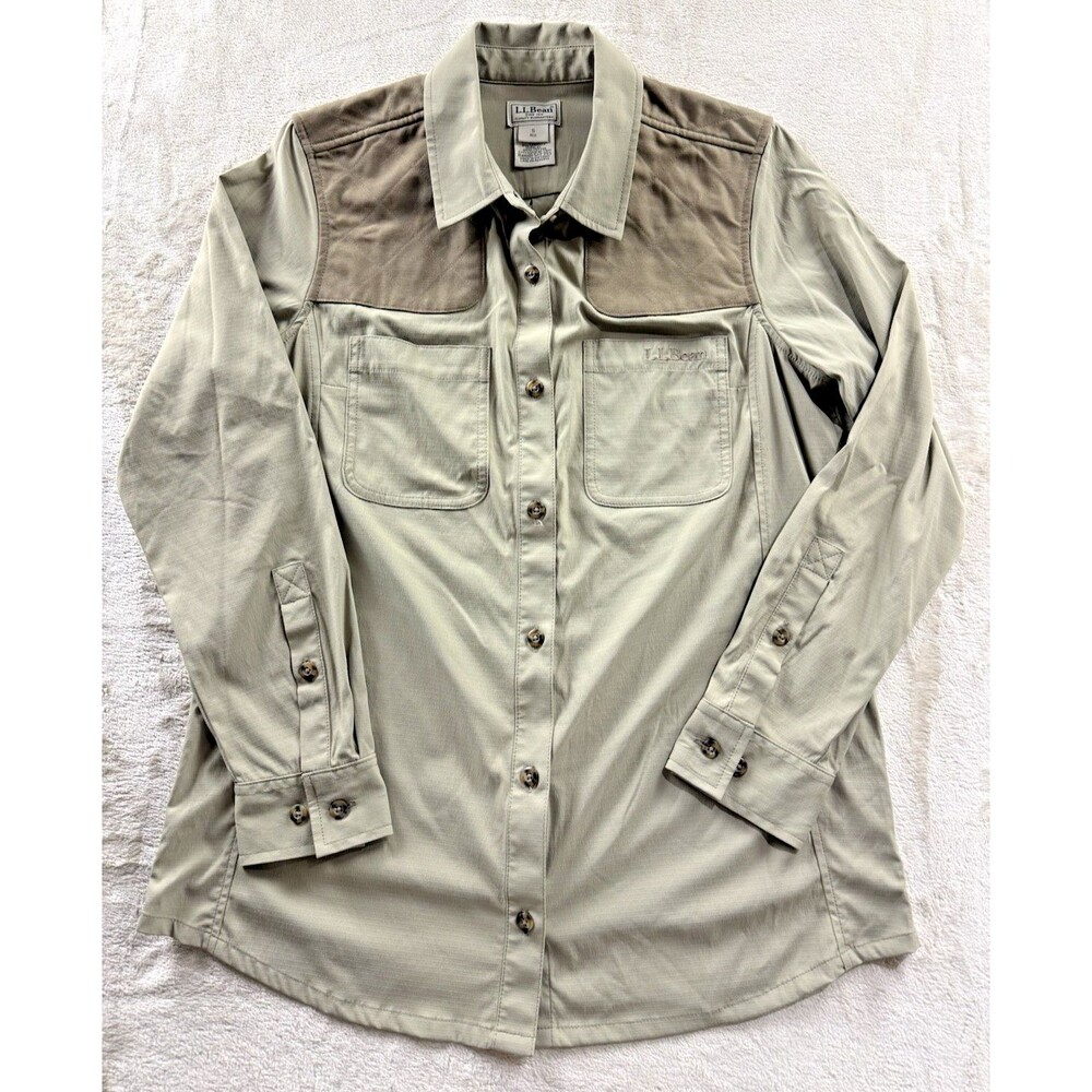 LL Bean Traveler Men's Small Tan Shirt Nylon Performance Long Sleeve Shoulder